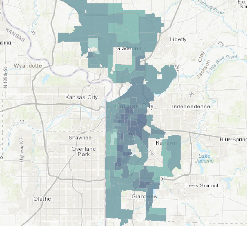 Map of Kansas City average life expectancy by zip code